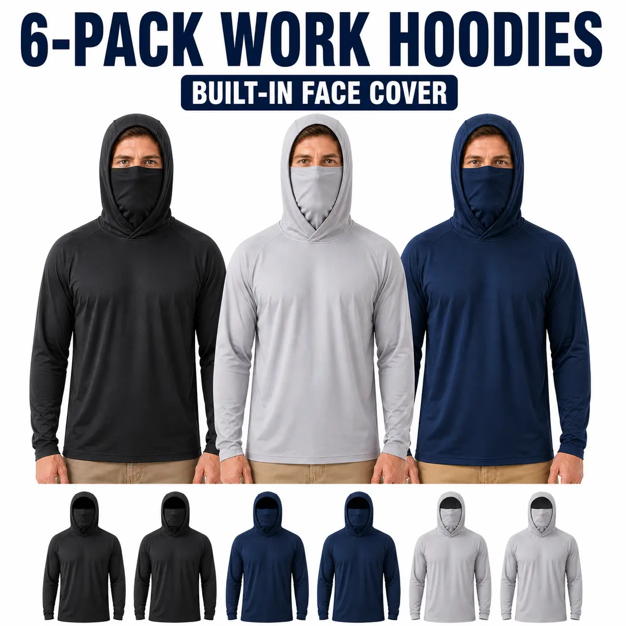 Men's 3-Pack & 6-Pack Fitted All-Seasons Lightweight Work Hoodies, Long-Sleeve Pullovers with Built-In Face Cover for Construction & Farm Work