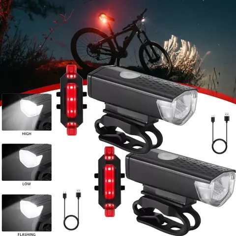2-Set Rechargeable Bike LED Light Set - Bright Front Headlight with USB Port, Weatherproof Rear Taillight, 12-Hour Runtime, Outdoor Cycling Accessories for Mountain Bikes, Ebikes