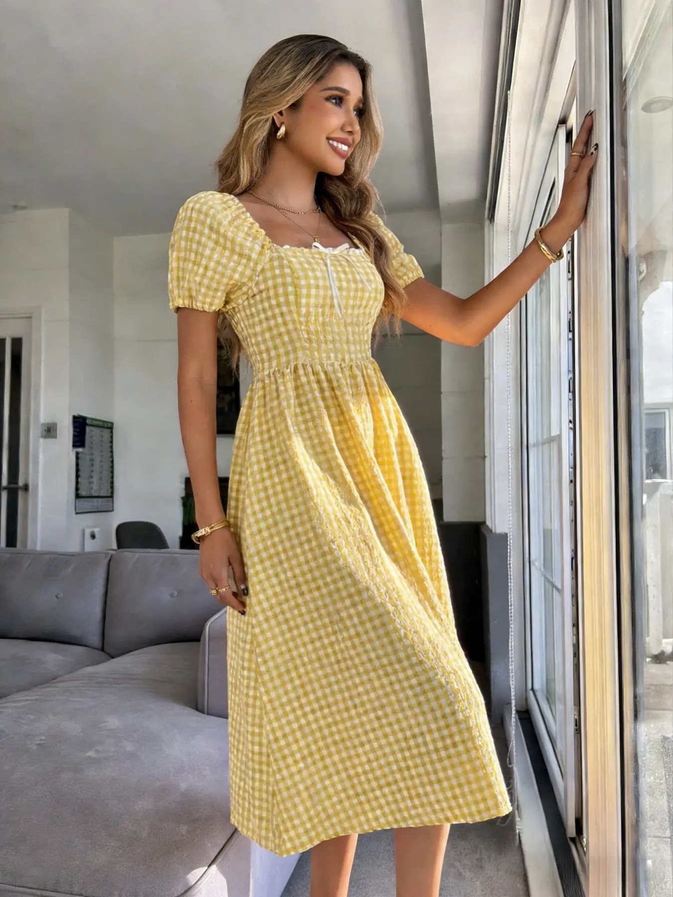 Vintage French Blue & White Gingham Plaid Square Neck Puff Sleeve Lace Tie-Front Waist-Cinched Fitted Cottagecore Summer Vacation, Chill Coastal, Casual Beach Midi Dress, Boho Summer Dress, Casual Wear, Aesthetic
