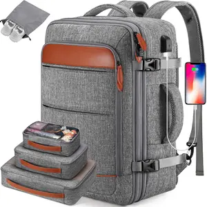 BAGSURE Hidden Shoulder Straps Travel Backpack 42L No Wheels Flight Approved Expandable Luggage Backpack with 3 Packing Cubes & USB Port for Women Men