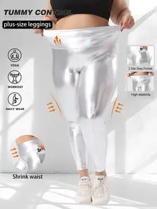 Plus Size Women's Metallic Shiny Tight Pants with Pockets, High Waist Elastic Control, Party Dance Club Metal Skinny Jeans, Leggings