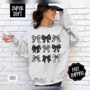 Checkered Bows Sweatshirt Coquette Black And White Bow Sweater Cute Women's Crewneck Hoodied Ultra-Soft Cotton Sweaters