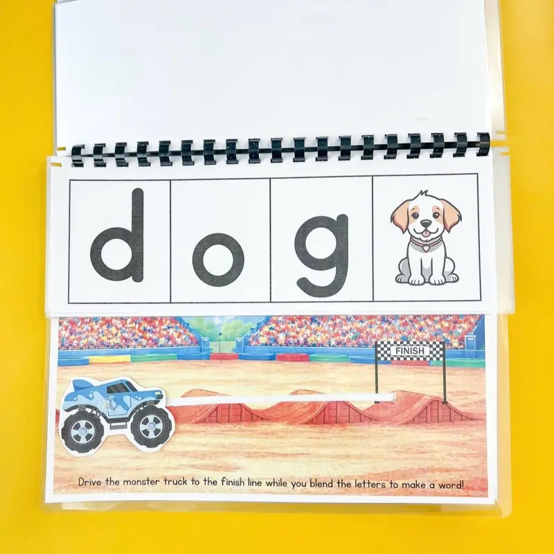 Monster Truck Track: Drive & Blend – Interactive Laminated CVC Word Blending Book with Sliding Truck (20 Beginning Reader Words)