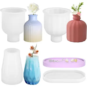 4 PCS DIY Silicone Mold Vase, Silicone Molds Casting Molds Vase, Casting Mold Vase with 3 Flower Pots s1 Tray, Silicone Molds Vase for Making Pen Holders, Vases, Home Decoration, Christmas Birthday and Valentine's Day Gifts Ornaments