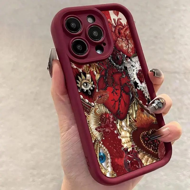 Burgundy Transparent Heart Pattern TPU Phone Case - Anti-Drop Protection for iPhone 17,16,15,14,13,12,11,XS,XSM Max,Plus - Smartphone,Cellphone,Handheld Devices Protective Cover