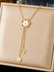 Stainless steel gold floral shell y-necklace for women