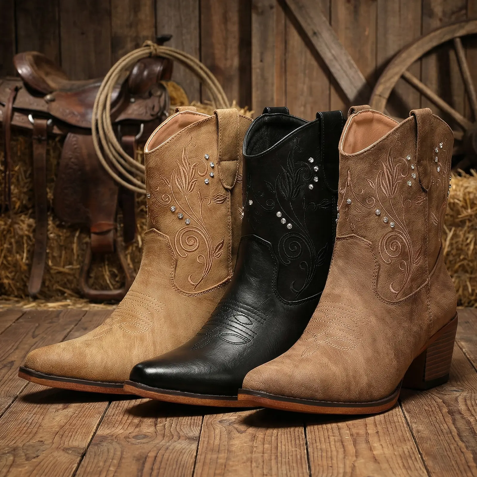 IUV Cowgirl Boots for Women Ankle Cowgirl Boots with  Almond Pointed Toe Classic Western  Boots Women Chunky Heel  Country Boots  for Comfortable Walking Shoes Classic Booties