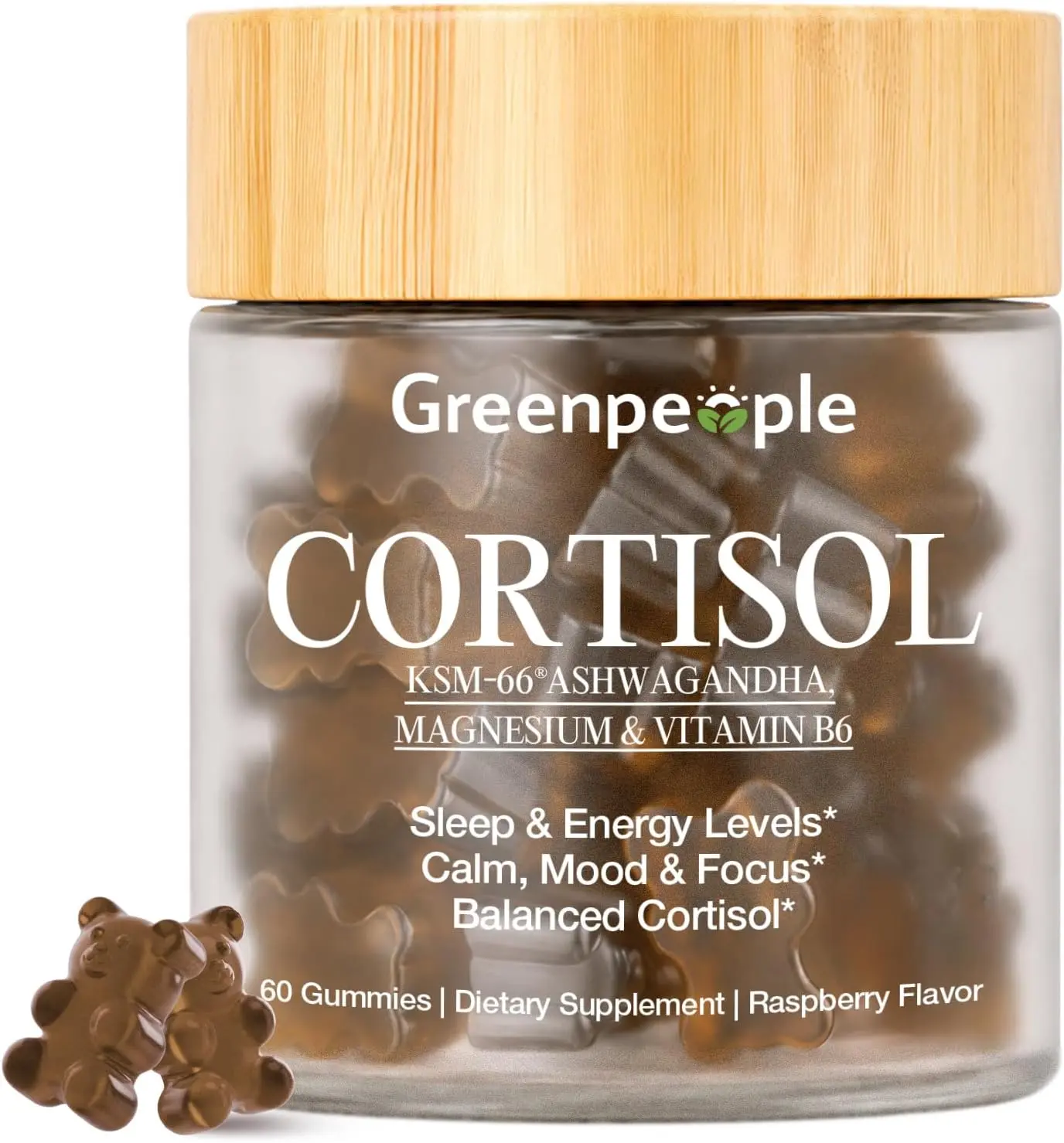 GREENPEOPLE Cortisol Reducer Supplements for Women & Men - Cortisol Manager Detox w/KSM-66 Ashwagandha/Magnesium/L-theanine/GABA/Vitamin B6 for Sleep/Stress Relief/Mood 60 CT Raspberry Flavor Gummies