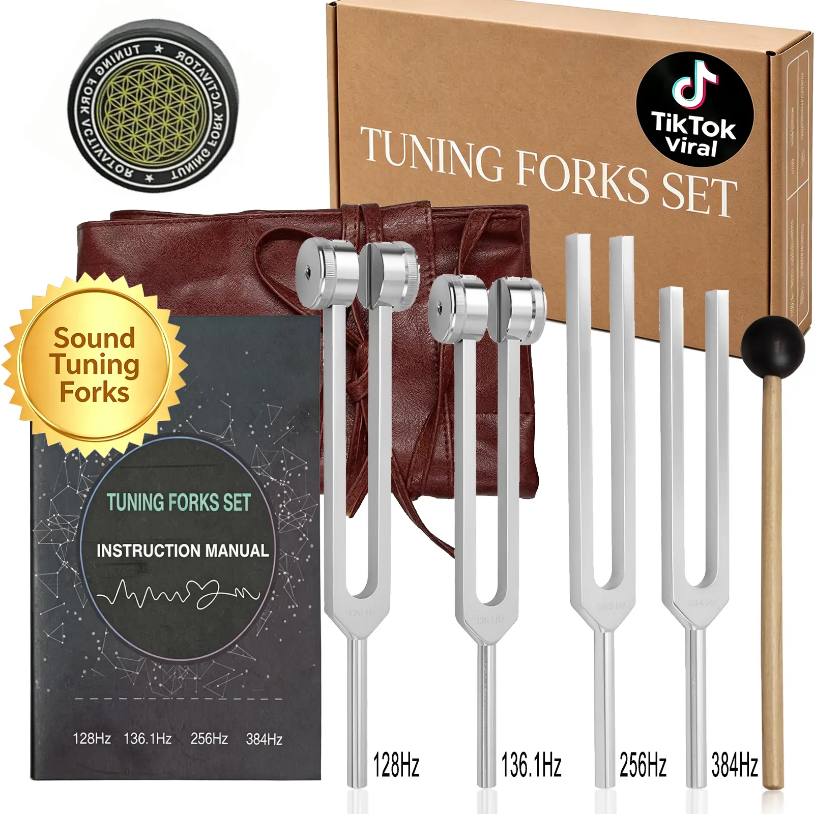 Resonance Sound Healing Tuning Fork Set – 128Hz, 136.1Hz, 256Hz, 384Hz with Activator – Sound Therapy for Stress Relief, Deep Relaxation & Chakra Balancing
