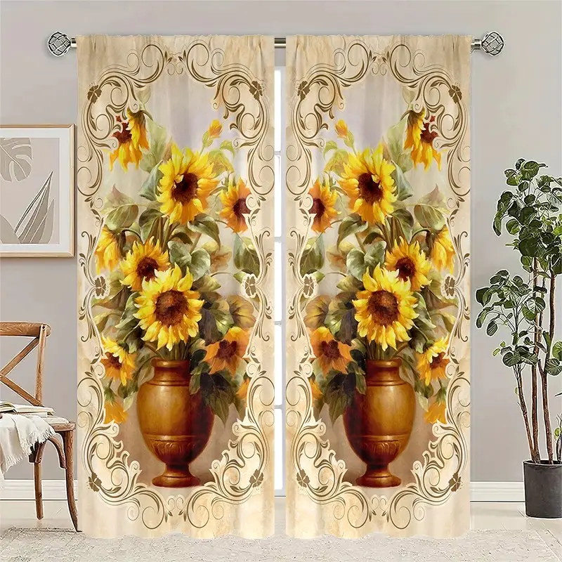 2-piece set   Sunflower pattern semi-transparent curtains, rod bag curtains, Window Curtain, suitable for living room, bedroom and home decoration, machine washable, hookless