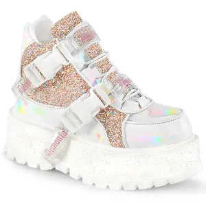 Demonia Slacker-50 White Holographic Patent-Baby Pink Multi Glitter Platforms
