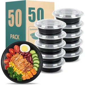 24oz Round Meal Prep Containers with Lids,50-Pack (100 Pcs) Black Disposable Food Storage Bento Boxes,Stackable,Leak-Proof, BPA-Free,Microwave and Dishwasher Safe