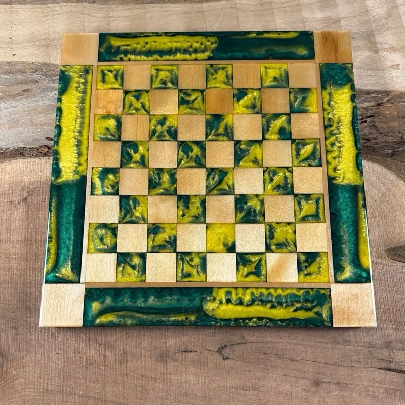 Vivid Yellow Golden Emerald Maple Wood Chess Board with Border - INCLUDES PIECES