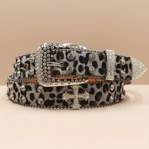 Designer BB Belt with Cross Glitter Decoration - Fashion Belts for Women and Men in Leopard Print with Rhinestone Accents Fashionable Metal Buckle