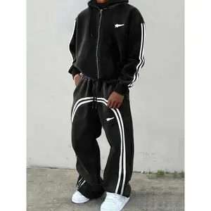 Men's Cool Sports Set, Comfortable Cotton Fabric Hooded Zipper Jacket & Wide Leg Pants, Street Style Design, Streetwear Tracksuit Set