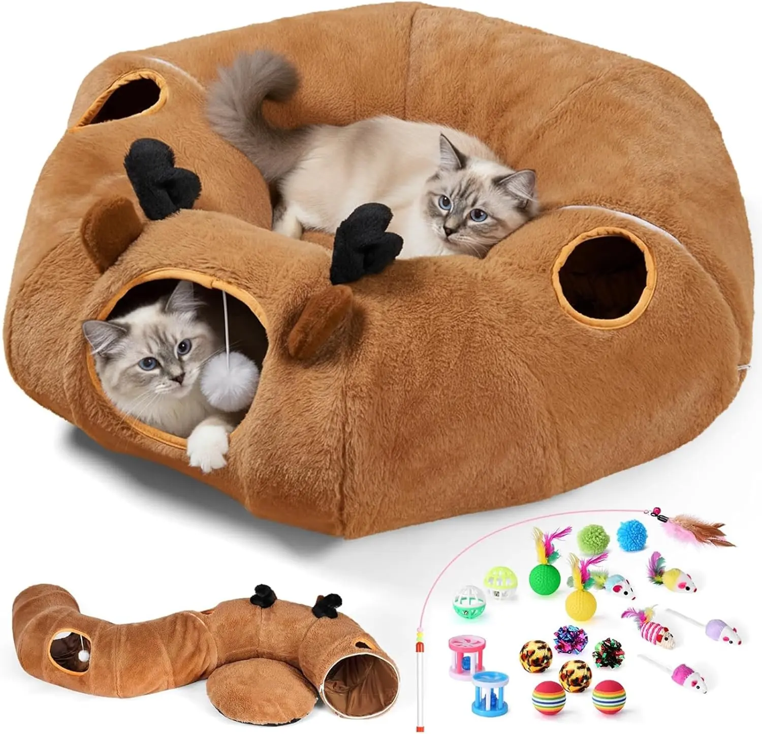 Odoland Cat Tunnel Bed with 20 Pcs Interactive Toys, 3-in-1 DIY Collapsible Plush Cat Tube with Washable Mat, Large Indoor Play Tunnel Cave for Kittens and Small Animals