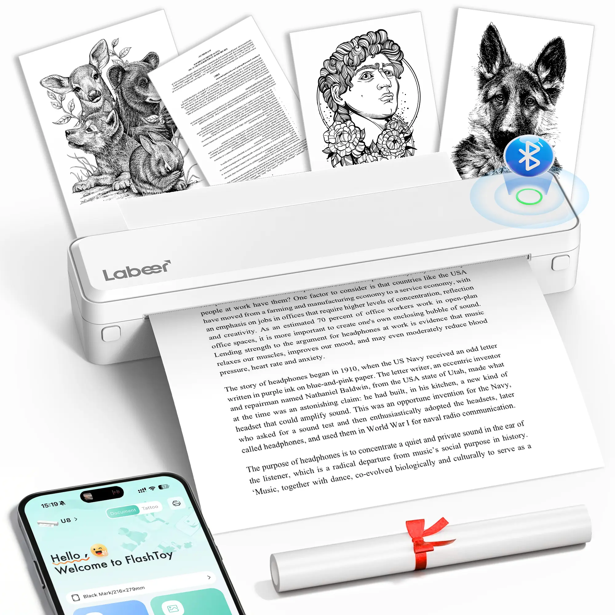 Inkless Portable Thermal Label Printer - Wireless Bluetooth Office Equipment, iOS/Android/Laptop Compatible, Supports 8.5x11 US Letter & A4 Thermal Paper, FCC SDOC Certified, 100% Satisfaction Guarantee