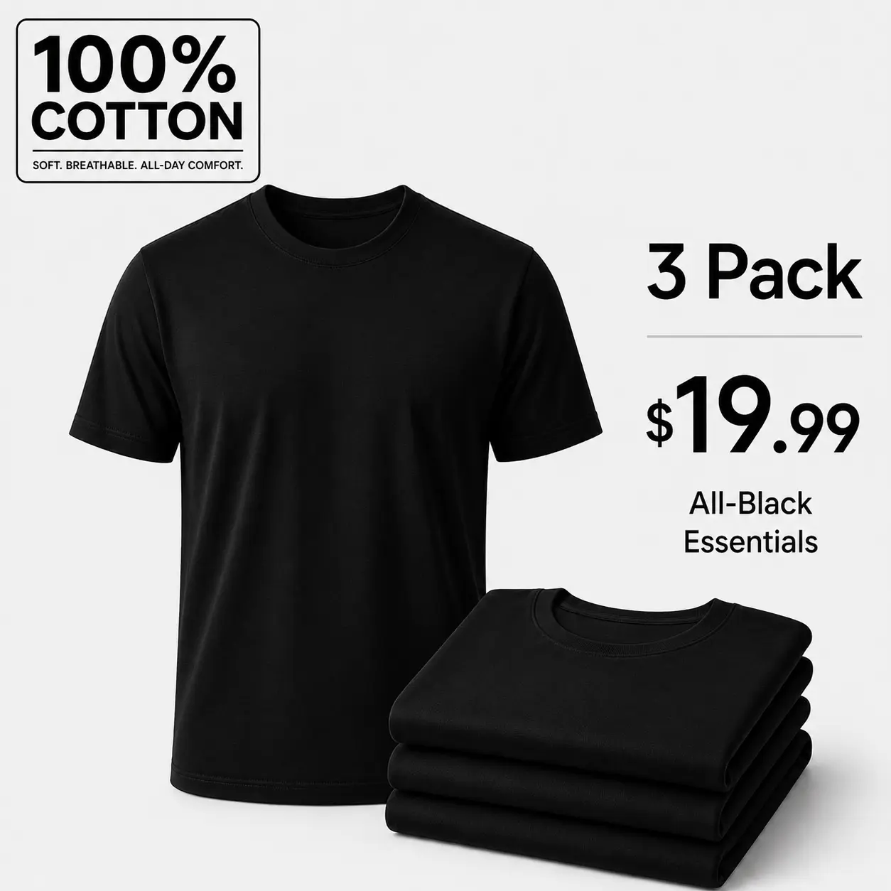 Men's 3-Pack 100% Cotton 180 GSM Crew Neck (Round Neck) Basic Style T-Shirts, Solid Short-Sleeve Soft Durable Breathable Tops, S-3XL White Black Shirts for Summer Outdoor Use, $19.99 Menswear Fashion Plain Tees