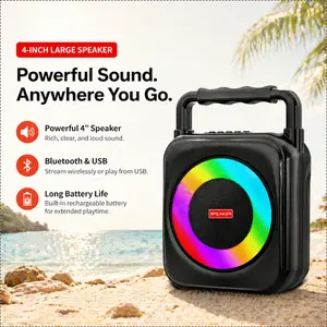 4-inch Bluetooth speaker with loud volume, multiple playback modes, long battery life, equipped with Bluetooth 5.1 technology, colorful lighting, portable handheld design, clear sound quality, suitable for dancing, outdoor activities, home use, and more.