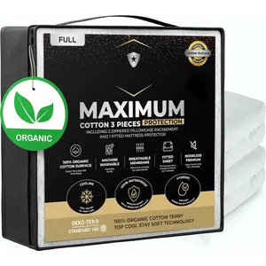 New Maximum 3-Piece Kit -  Waterproof  Cotton Mattress Protector Full + 2 Pillow Protectors with Zipper, Skin-Friendly, Breathable, Fitted Mattress Cover