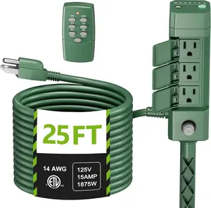 BN-LINK Outdoor Power Stake Timer 25FT Extension Cord Waterproof, Remote Control Photocell Dusk to Dawn Light Timer, 6 Grounded Outlets for Halloween/Christmas Decorations and Inflatables, 15A/1875W