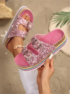 2026 Summer Women's Glitter Platform Slide Sandals Double-Buckle Rainbow-Trim Wedge Slippers