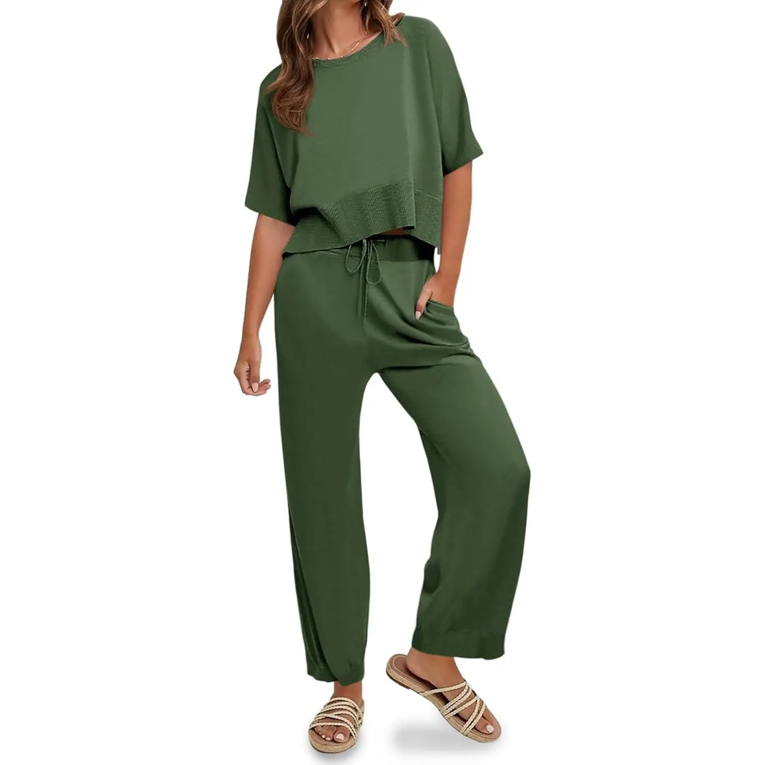 Imily Bela Womens 2 Piece Outfits Sweater Sets Knit Split Crop Tops High Waisted Pants Lounge Set
