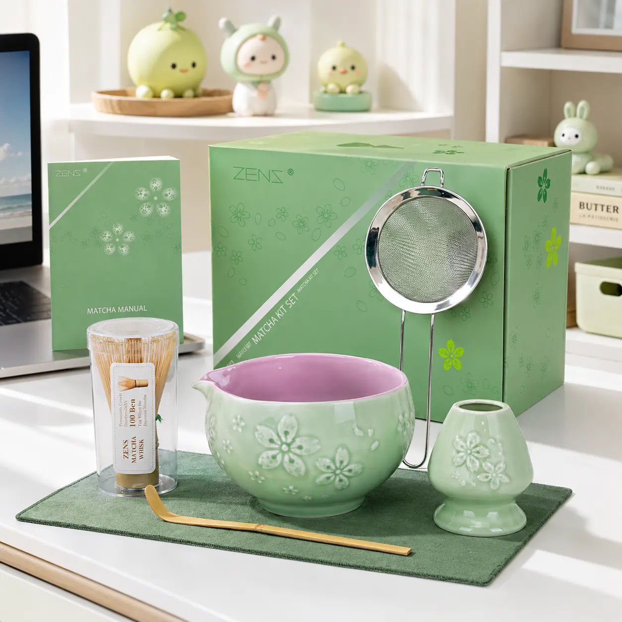 Green Japanese-Style Matcha Kit Set with Bowl, Bamboo Whisk, Sifter & Scoop, Aesthetic Matcha Bowl Set for Home Cafe
