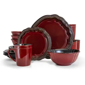 212 MAIN 16-Piece Regency Luxurious Stoneware Dinnerware Set - 4-Person Complete Set with Unique-Shape Plates, Red, Microwave-Safe, Dinnerware Sets
