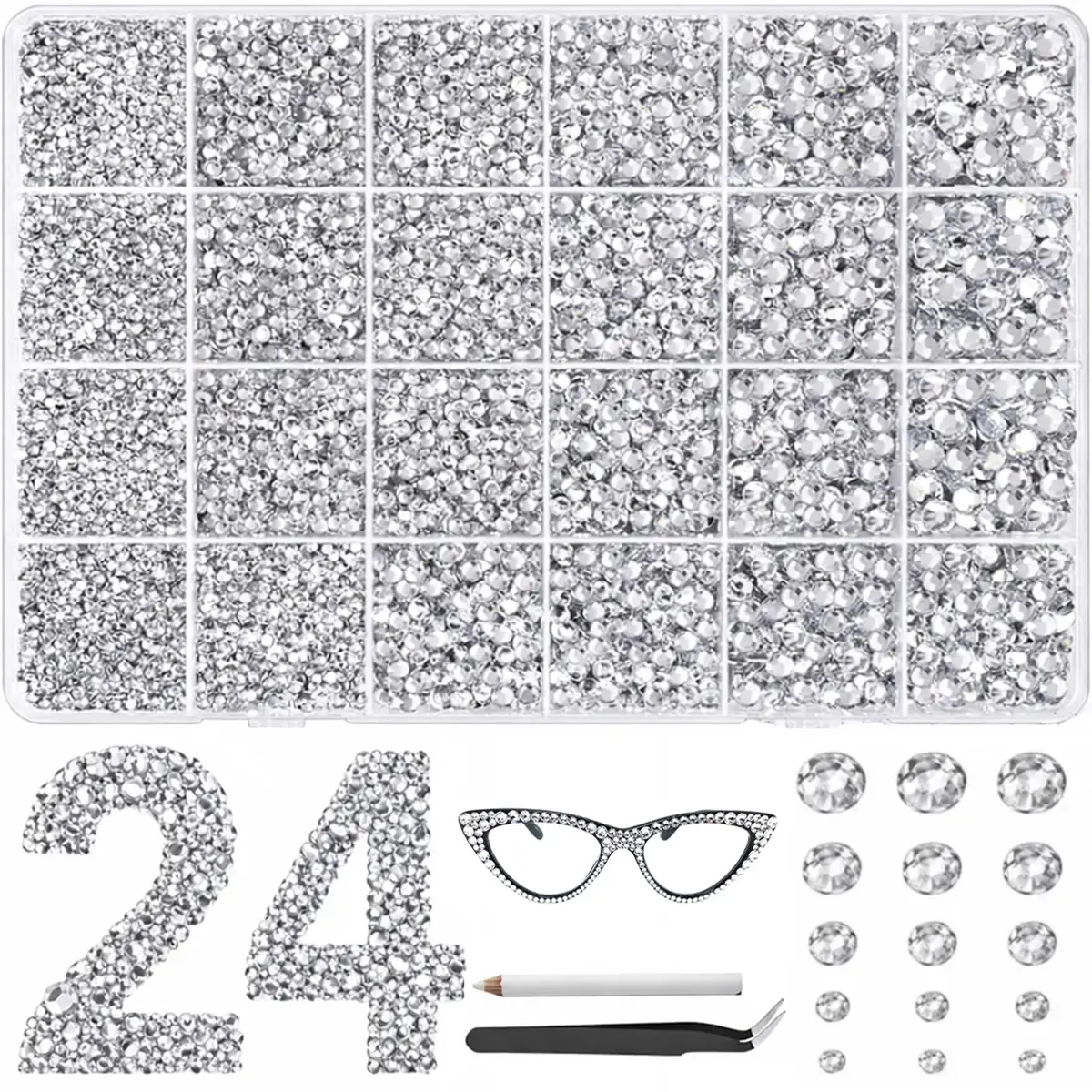 30,000PCS Clear Silver Flatback Resin Jelly Rhinestones Crystal Bead Kit Set with Tweezers & Tools, Easy Apply Non-Hotfix Gems for Clothes, Nail Art & DIY Crafts, Enhances Look