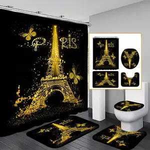 1/3/4PCS Paris Eiffel Tower Shower Curtain set, Black and Gold Bathroom Decor, Accessories with Bath Mat, U-shaped Mat, Toilet Lid Cover, 12 Hooks 180x180cm Curtain, Bathroom Decoration Accessories