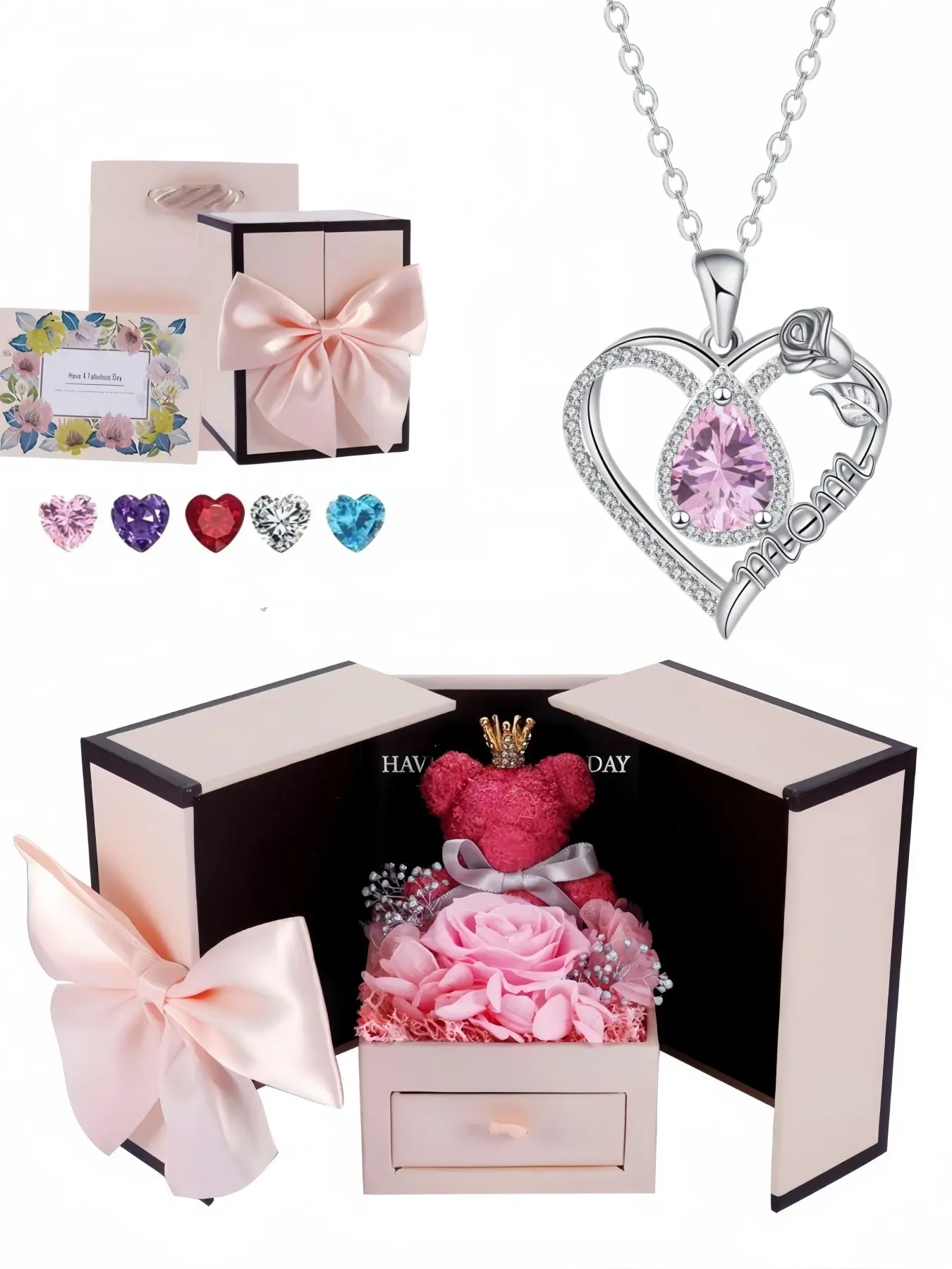 Diamond Drop Rose Heart Mom premium heart-shaped MOM teardrop gem necklace, Elegant rhinestone necklace, Heart Design Jewelry, Paired with a preserved rose & teddy bear jewelry gift box, Perfect gift for Valentine's Day, Mother's Day and Christmas