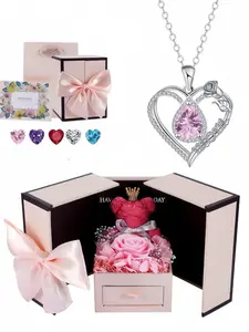 Diamond Drop Rose Heart Mom Luxury premium heart-shaped MOM teardrop gem necklace.Paired with a preserved rose & teddy bear jewelry gift box.Perfect mysterious gift for festivals, birthdays, Valentine's Day, Mother's Day and Christmas.