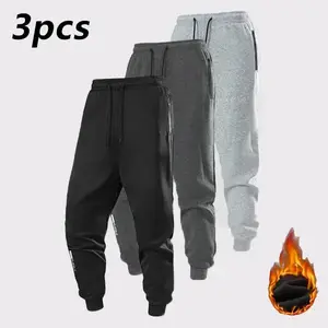 Men's Fleece Lined Thermal Pants Set, Minimalist Breathable Solid Color Joggers with Zipper Pockets & Drawstring Waist, for Fall/Winter Daily, Running & Outdoor Travel