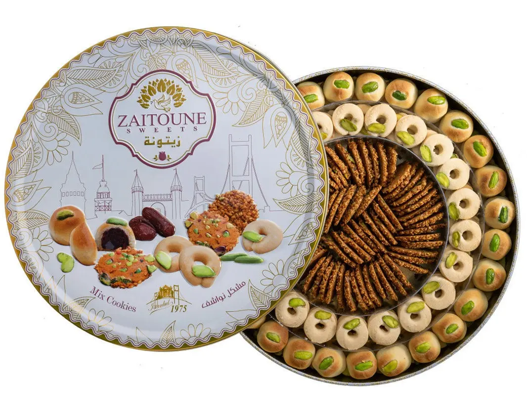 Zaitoune Sweets 500g Halal Middle Eastern Cookies Assortment - Turkey-Sourced, Pistachio-Infused Barazek, Ghraybeh, Date Maamoul, Powdered Milk, Natural, Dates & Nuts, Gift-Ready Box, Snacks for Adults, Holiday Family Sharing, Ambient-Storable Biscuits