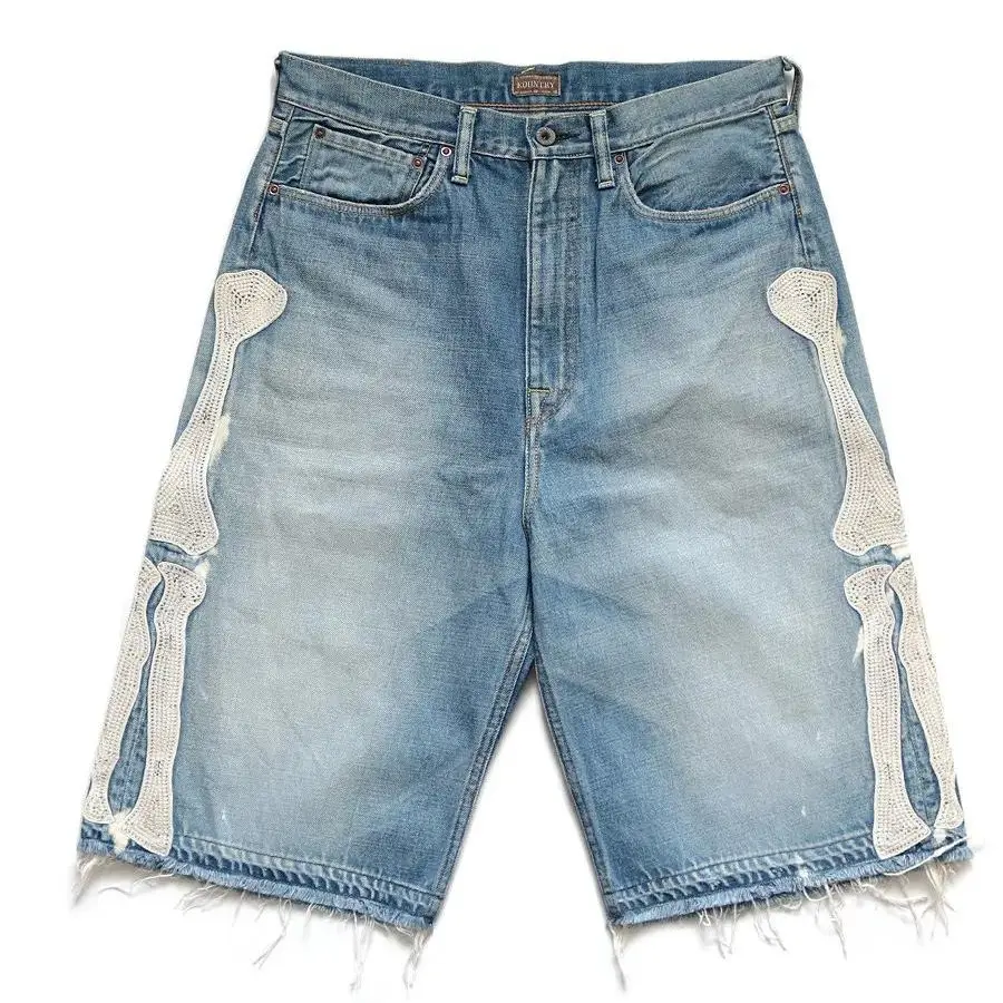 Y2K Skeleton Bone Embroidered Denim Shorts for Women - Frayed Hem Loose Fit Streetwear Jean Shorts, Vintage Washed Shorts for Summer Casual Wear Soft Distressed Summer Denim Shortsfor Streetwear | Beach Vacation Daily Wear