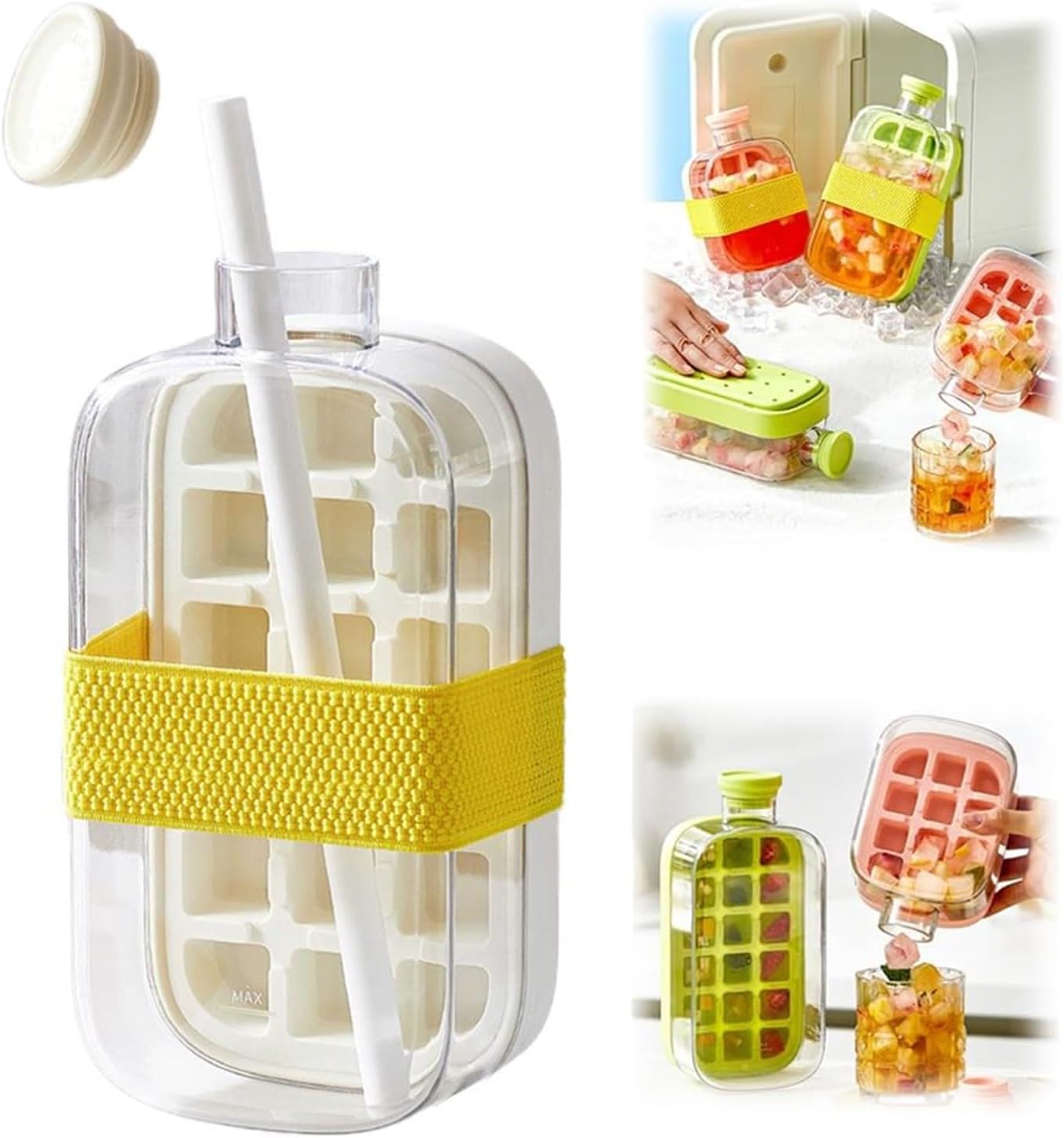 2-in-1 Ice Cube Bottle with Straw,Easy Press Ice Tray,Leak Proof Lid,Lid&Webbing,Leakproof,BPA-Free,Touch-Free Ice Release,Reusable Leakproof Silicone Ice Mold for Freezer,Whiskey,Cocktail,Summer Drinks,Travel,Gym&Home Essential