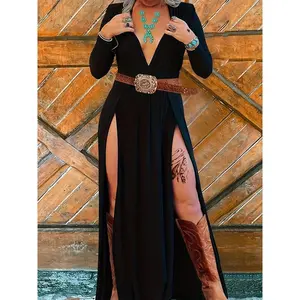 Elegant women’s maxi dress — comfortable polyester V-neck with side slit, casual fit, flare knit fabric, solid color, summer black womenswear spandex long sleeve