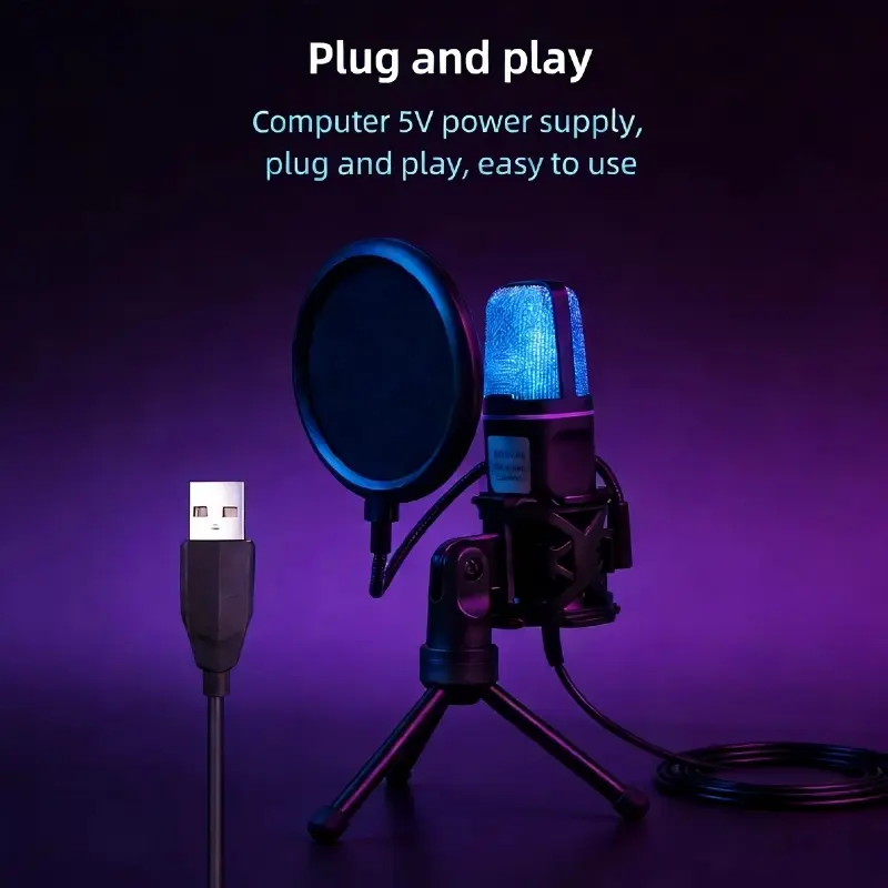 USB Gaming Microphone with RGB Lights, Vocal Mic, Noise Reduction, Rotatable Gain Knob, Plug and Play, Wired Recording, Compatible with Ps4/5/PC, Computer, Ideal for Streaming & Podcasts