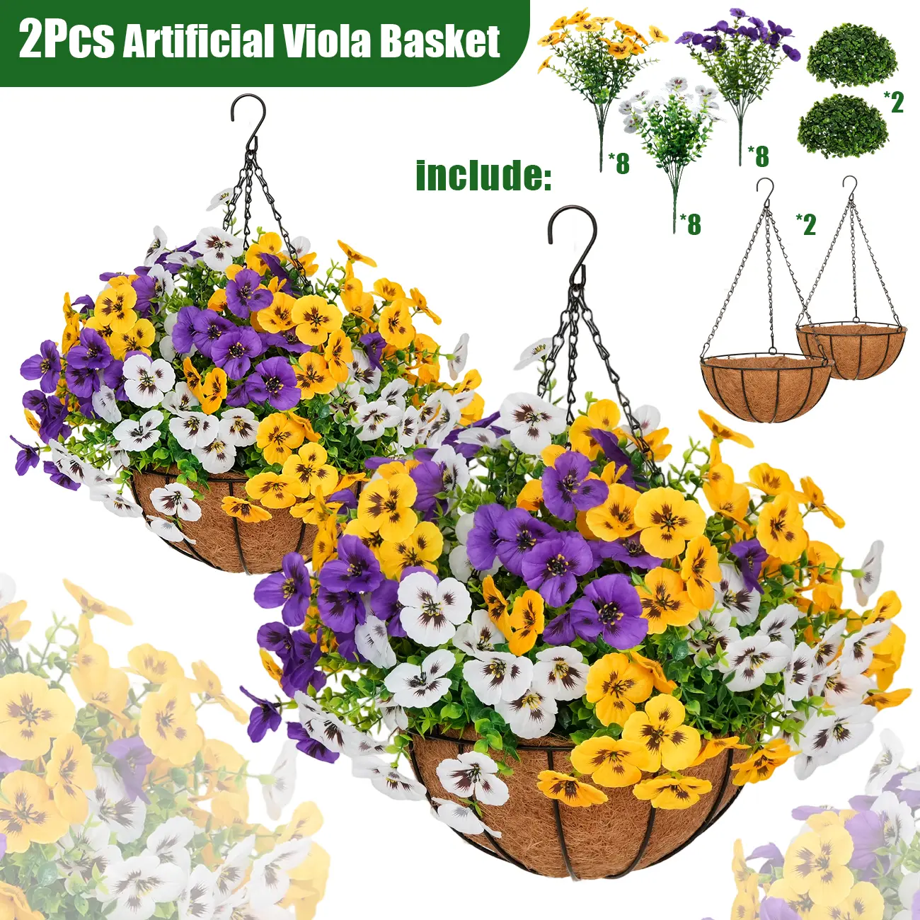 2pcs Lifelike Pansy Bouquets Artificial Hanging Coconut Basket Planters (24 Pansies, Eucalyptus Greenery) - UV-Resistant, Easy Maintenance Plant Hangers for Porch, Patio Home Decor, Lifelike Flowers