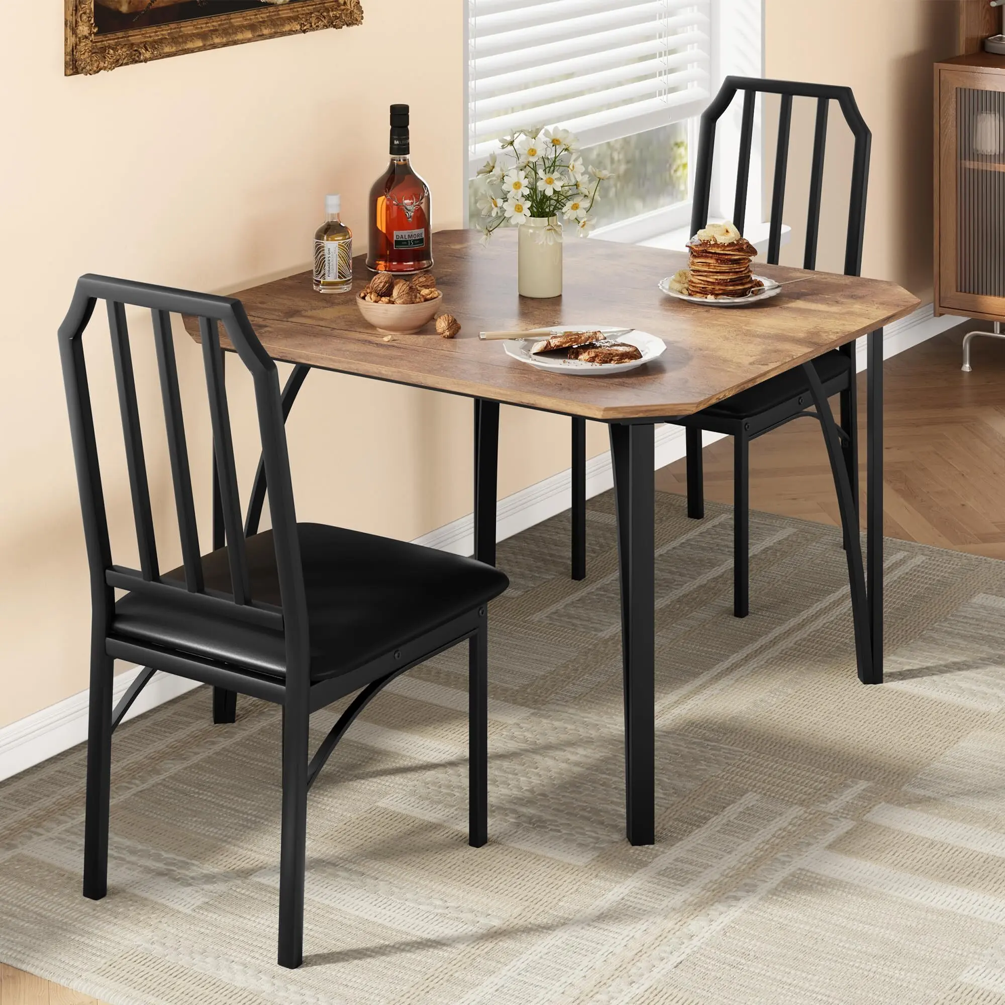 Dining Table Set for 2, Kitchen Table and Chairs for 2 with with Chamfer Design, 3 Piece Dining Room Table Set with Cushion Seats for Kitchen, Home Kitchen, Apartment-Rustic Brown