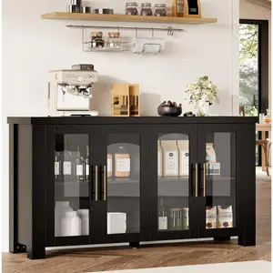 Garvee Buffet Cabinet with Storage, 59" Sideboard Credenza with Tempered Glass Doors,  Wood Buffet Table for Living Room, Dining Room, Kitchen,Black
