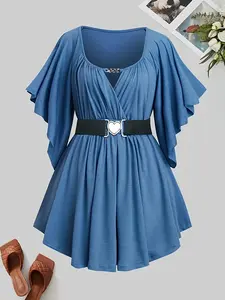 Plus Size Asymmetrical Sleeve Knit Round Neck Dress with Belt and Chain Detail, Elegant Long Sleeve A-Line Dress for Women, Casual Wear, Casual Fashionable Dress