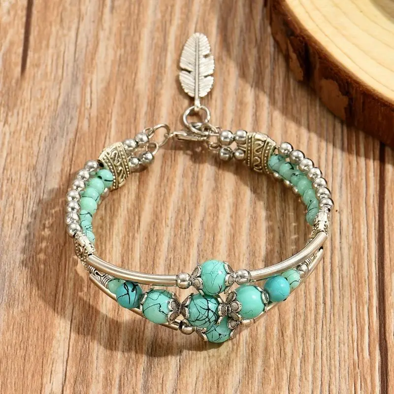 Women's Boho Retro Turquoise Beaded Double-Row Wristband - Antique Geometric Carved Feathers, Mosaic Material Jewelry, 1 Size Fits Arm Candy Accessories for Holiday Wear, Jewelry For Women, Turquoise Jewelry