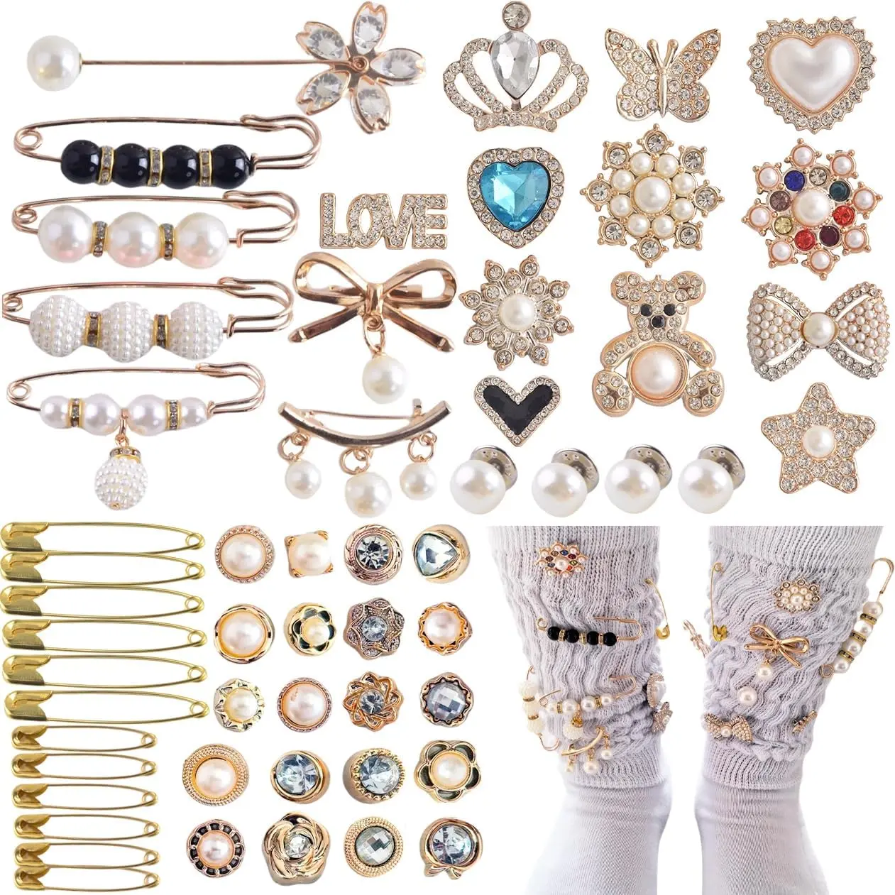 X-BY-A08 55PCS Gold Sock Charms Set | Rhinestone Bling Safety Pin Brooches for Shoes | Junk Journal Accessories for Women | Multi-Use Pins for Hats Scarves Clothing Decor