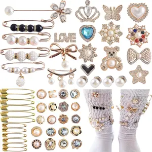 X-BY-A08 55PCS Gold Sock Charms Set | Rhinestone Bling Safety Pin Brooches for Shoes | Junk Journal Accessories for Women | Multi-Use Pins for Hats Scarves Clothing Decor
