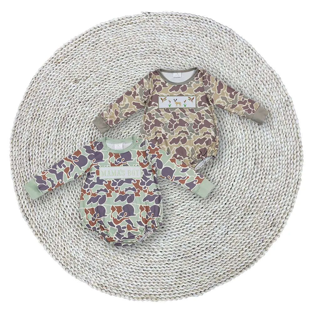 Infant Baby Boys Green Camouflage Deer Ducks Mama's Boy Boutique Long Sleeve Bubble Rompers
