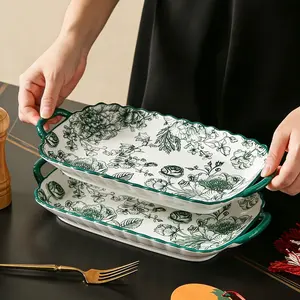 2/4 pieces of 12 inch ceramic fish plates, sushi plates, Serving, green rose pattern, simple and high-end, easy to hold with double ear handles without burning hands, can steam fish, serve dishes, microwave safe, machine washable