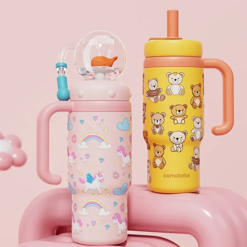COMOBEBE 24oz Sturdy Stainless Steel Whale Fountain Vacuum Insulated Water Bottle - Leakproof, Dual Lids, Silicone Straw, BPA Free, Built-in Anti-Colic Valve, Dishwasher Safe, Classic Patterns, Portable for Kids, Encourages Healthy Drinking Habits