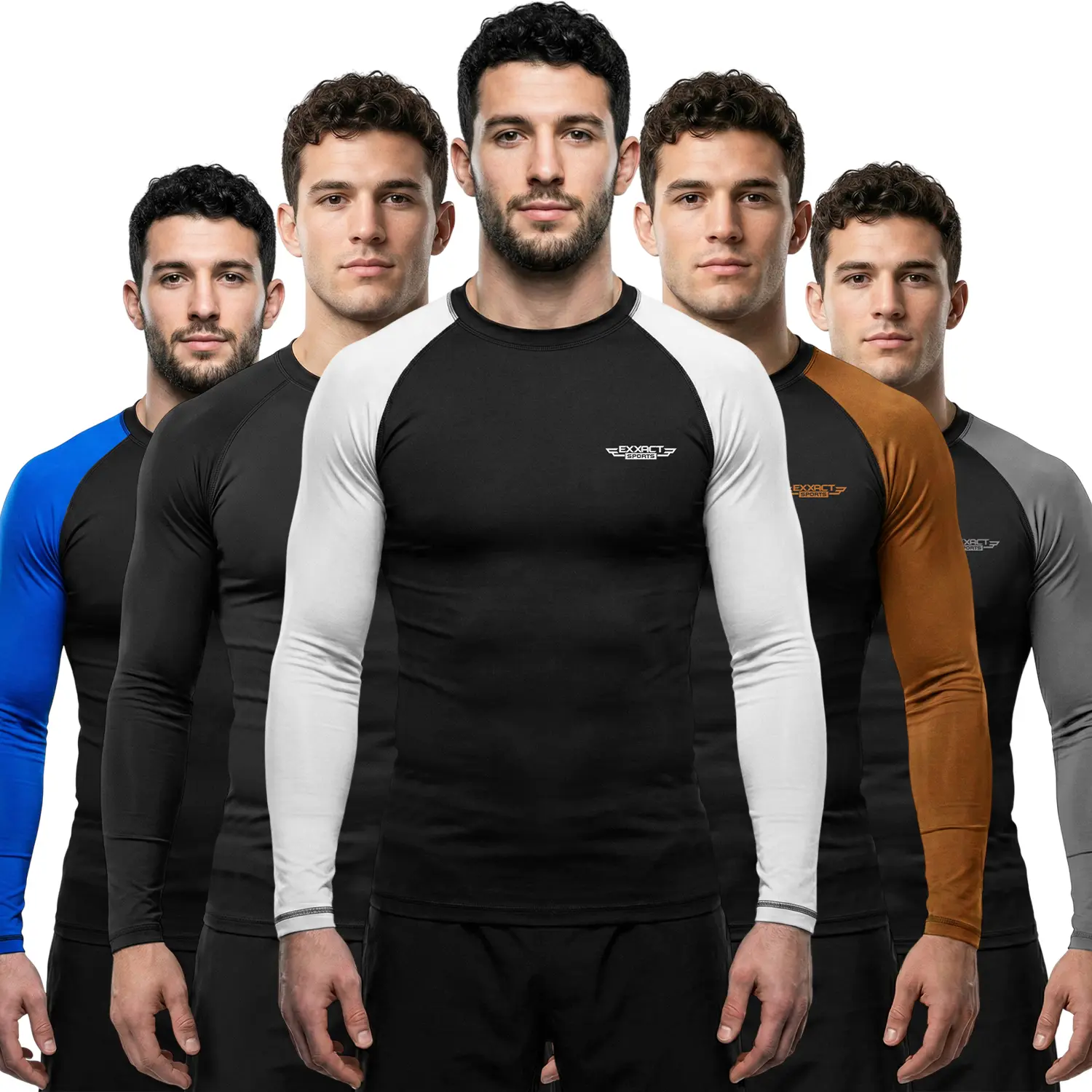 Exxact Sports Men's White Long Sleeve Ranked BJJ Compression Rash Guard - US Sizes, Sublimated Print, Performance, Wrinkle Resistant, Workout Clothes for MMA Training, Wrestling, Rashguards
